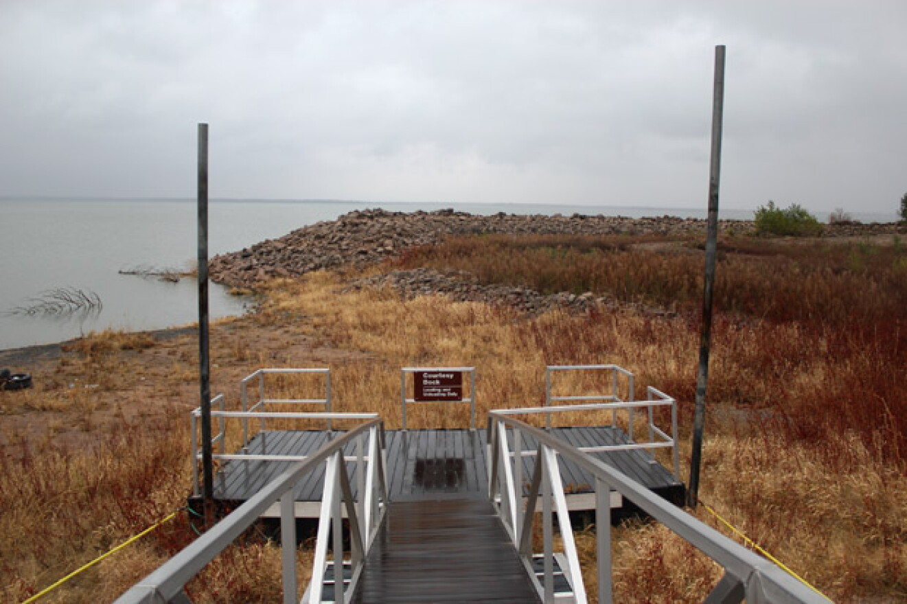A grounded boat dock at Canton Lake, where Oklahoma City got billions of gallons of water in early 2013.